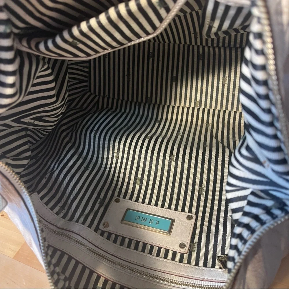 L.A.M.B. White Leather Hobo with Tan and Black Stripes